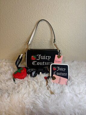 Juicy Couture Sweet N Juicy Apple Mini Barrel Bag Coin Purse Set Black NWT